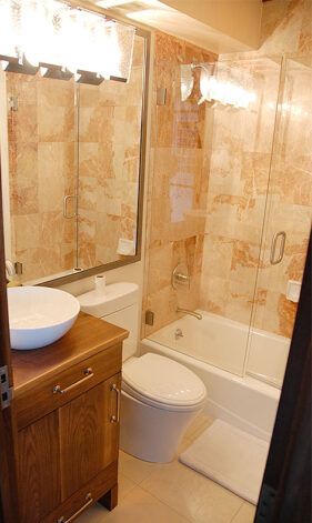 Guest Bathroom Remodel with Mahogany Vanity.