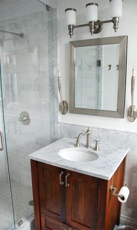 Master Bathroom Mahogany and Marble Vanity and Mirror.
