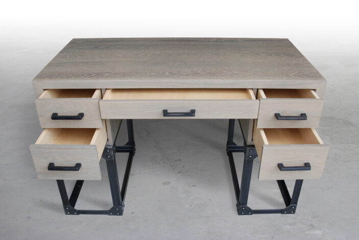 The Pittsburgh Desk made of angle iron, rivets and wire wheeled White Oak.