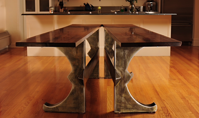 The Brooklyn "X" Dining Table with Steel Base and Wooden Top.