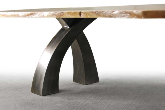 Brandner Design "Wishbone Walnut Table" with a hand-built sculptural steel base and Black Walnut top.