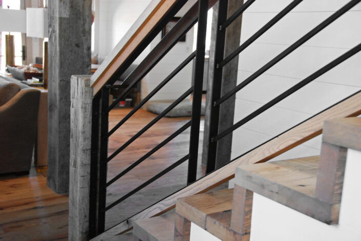 Brandner Design "Shadow Mountain" Railing made of hand hammered steel patina'd black with reclaimed White Oak.
