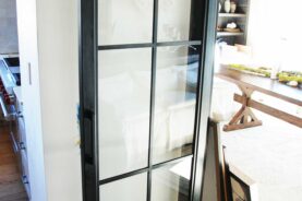 Shadow Mountain French Doors with Modern Square pulls hand-crafted from steel with blackened acid wash patina.