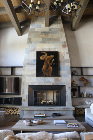 Eagle View Fireplace with bi-fold glass doors and steel fire screen curtain.