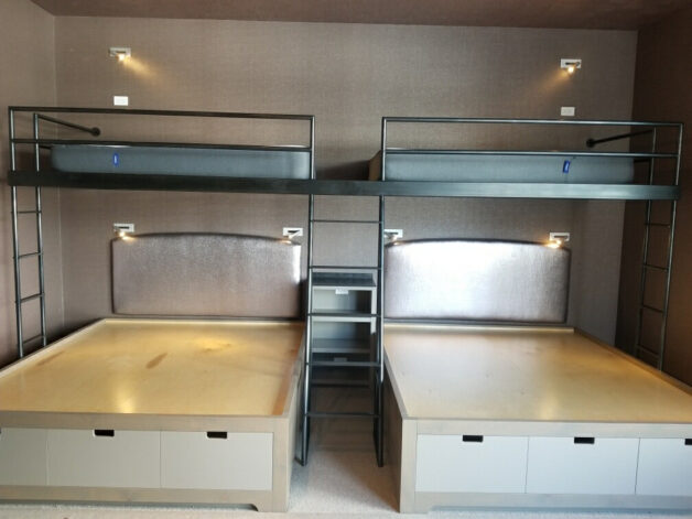 Double Bunk Bed with extra storage in blackened steel and wood.