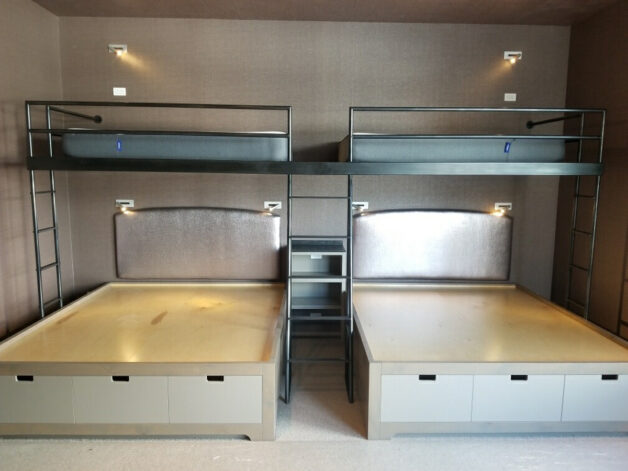 Double Bunk Bed with extra storage in blackened steel and wood.