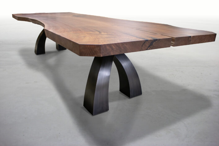 Big Walnut Wishbone Table on blackened steel