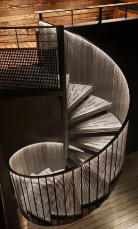 Ross Peak Spiral Staircase on stainless steel and Weathered Black patina finish.