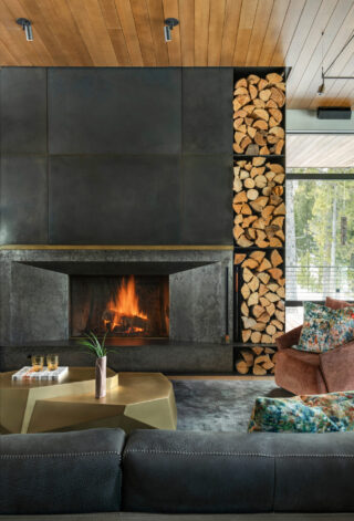 Guillotine Fireplace in the living room of Ross Peak Residency.