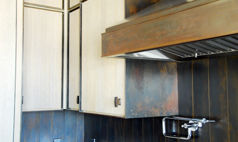 The "Lake Creek" Kitchen: a blend of wire wheeled White Oak and hand patina’d steel.