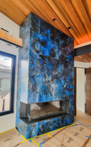 Vibrant Pittsburgh Veil on Aluminum applied to a floor to ceiling fireplace surround.
